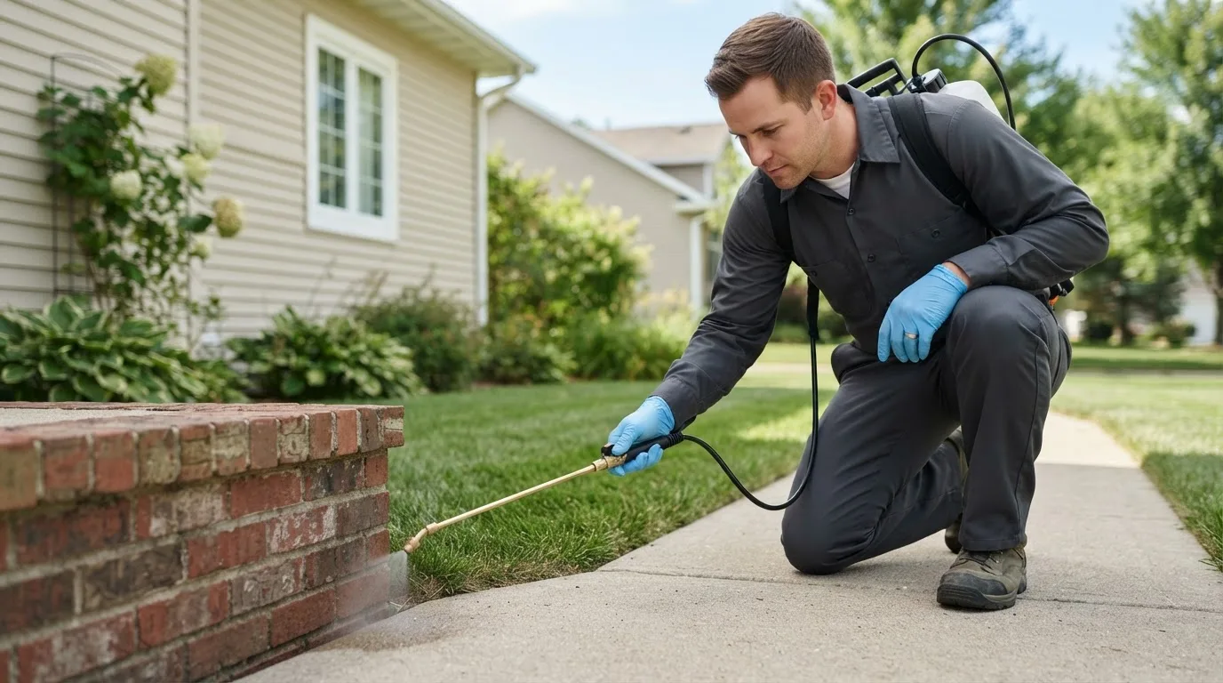 Pest control technician treating a home near Tehama, CA